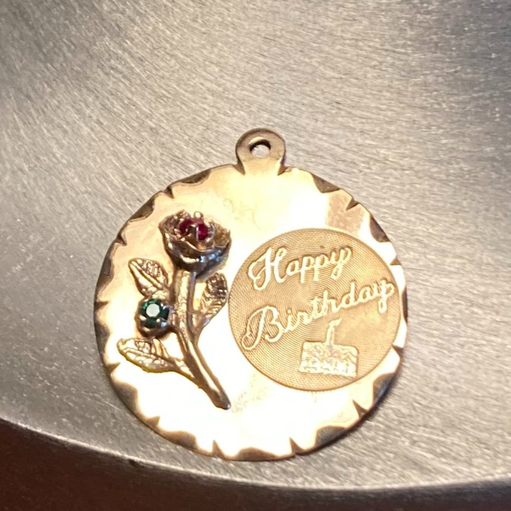 14k Gold Happy Birthday Charm W/Gemstones Pendant Vintage